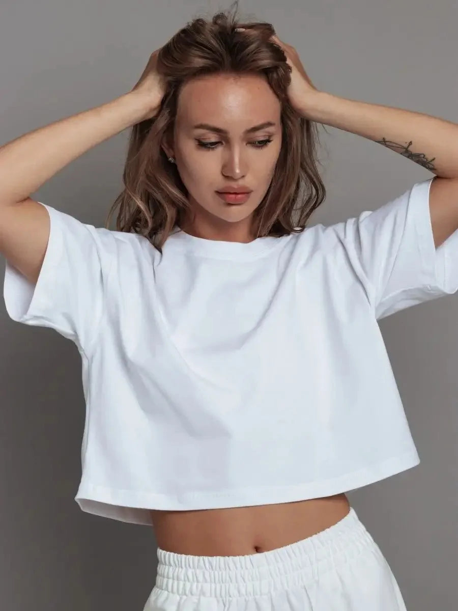 Hirsionsan 100% Cotton Short T Shirt Women 2024 New Y2k Summer Basic Vintage Tees Casual Loose Chic O Neck Female Crop Tops