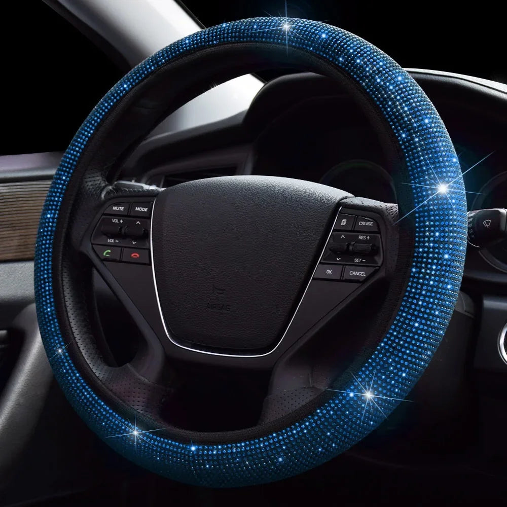 38cm Universal Car SUV Breathable Anti-Slip Bling Rhinestones Steering Wheel Cover for Women Girl with Crystal Diamond Sparkling