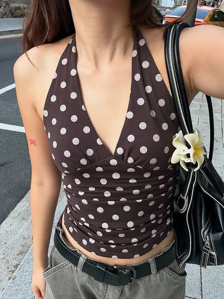 Women's Polka Dot Halter Tank Top – Lace-Up Backless V-Neck Skinny Y2K Streetwear Vest