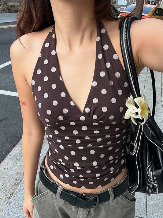 Women's Polka Dot Halter Tank Top – Lace-Up Backless V-Neck Skinny Y2K Streetwear Vest