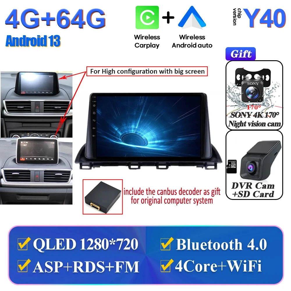 Car Multimedia Android For Mazda 3 Axela 2014-2017 2018 2019 Head Unit Player Navigation GPS Atuo Carplay WIFI 5G No 2din DVD BT