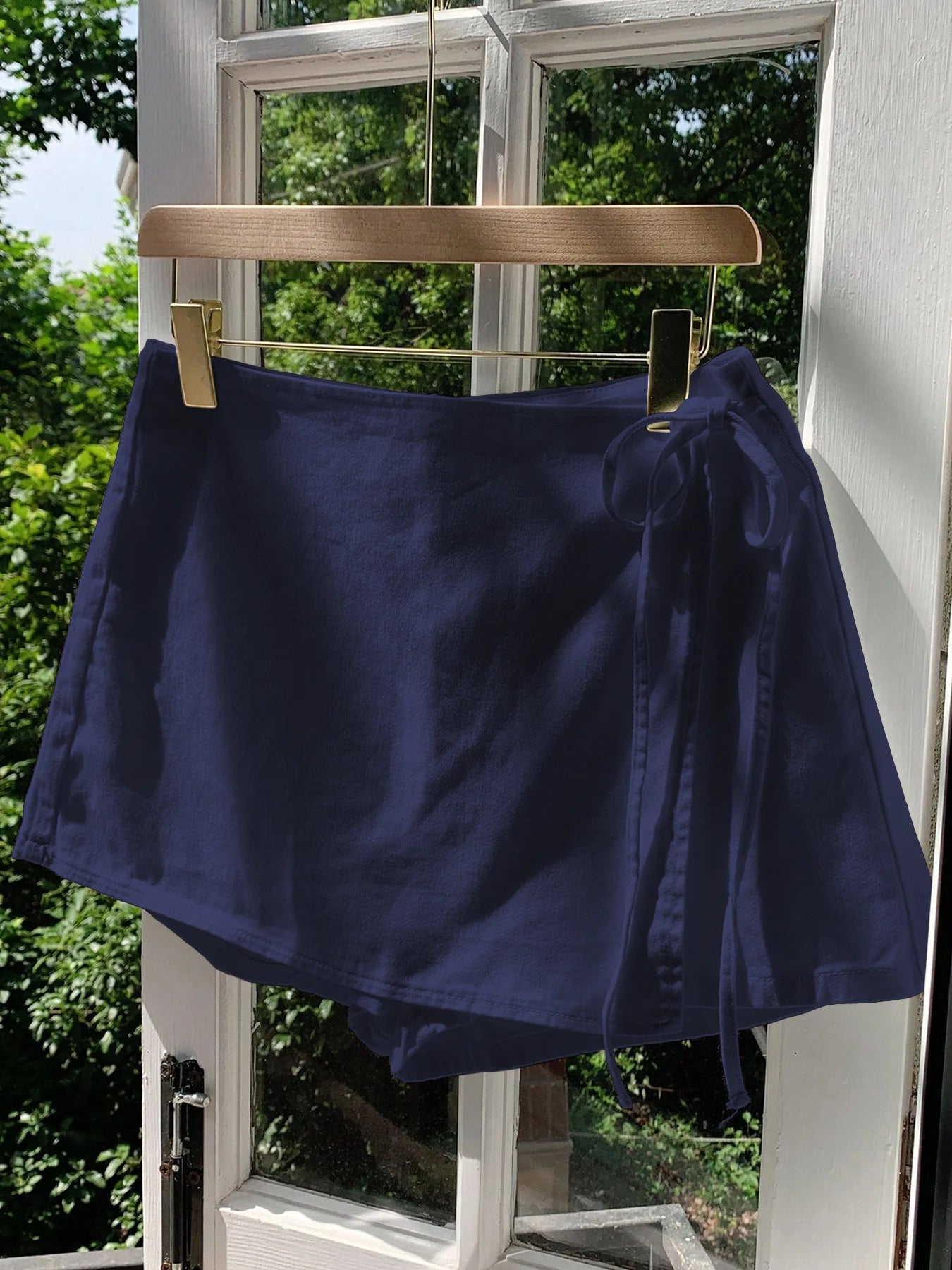 Ladies New Spring Summer Linen Solid Color Casual Sports Elastic Waist Drawstring Belted Skort for Spring Summer