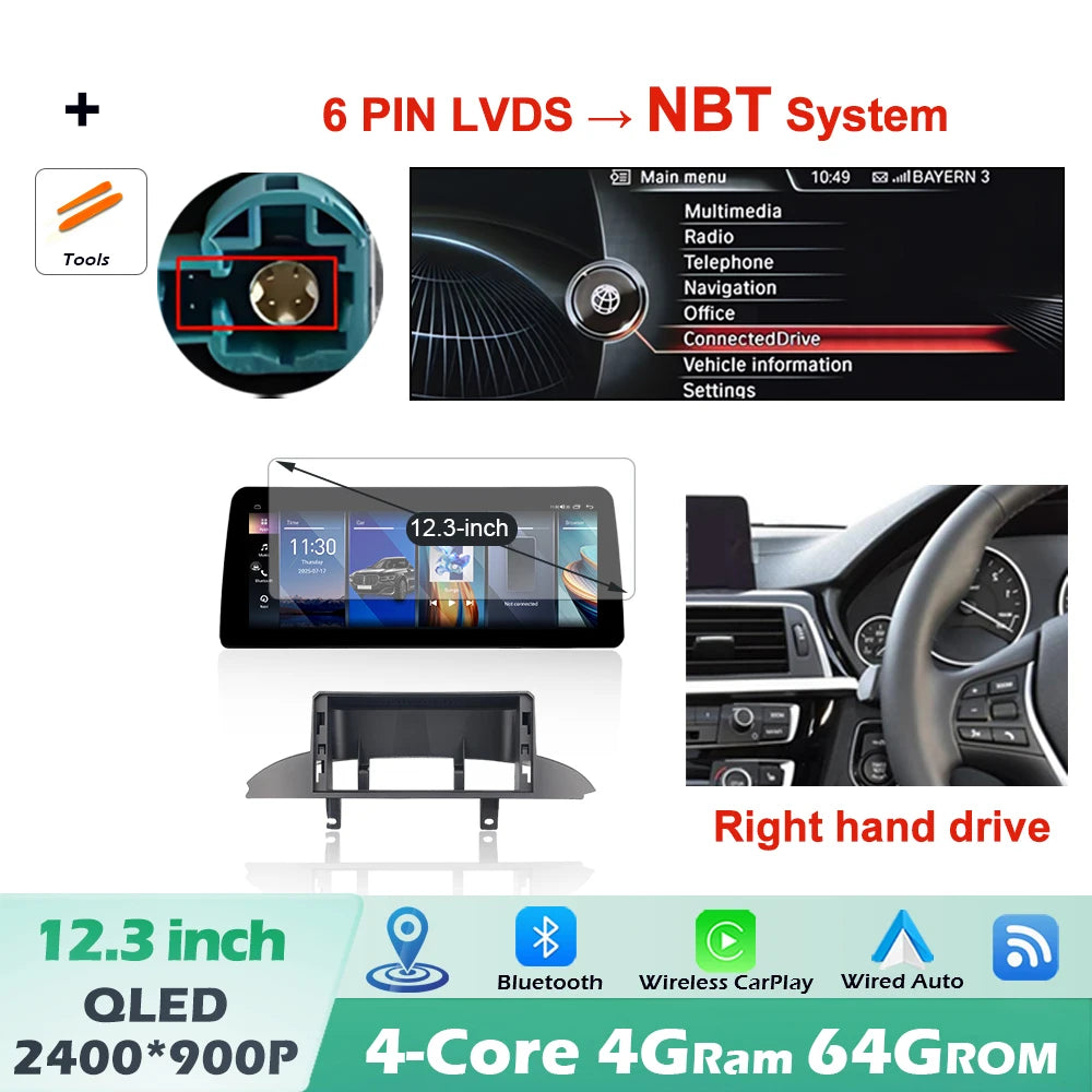 12.3" Right-Hand-Drive Wireless CarPlay & Android Auto Screen, Compatible with BMW 3 4 Series F30 F32