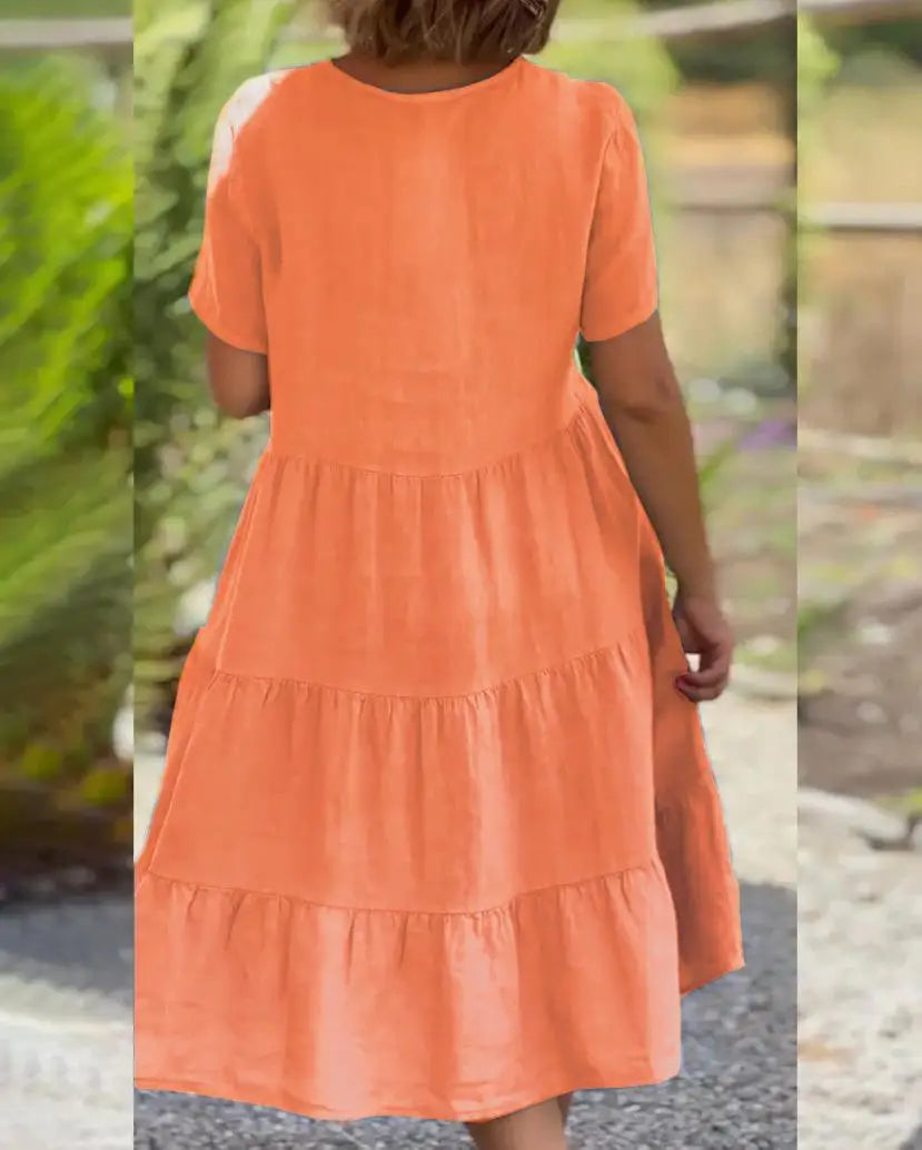 Cotton Linen Casual Women's Dresses 2026 Spring/Summer Sweet  Short Sleeve Solid V-neck Large Swing Loose Dress  S-5XL