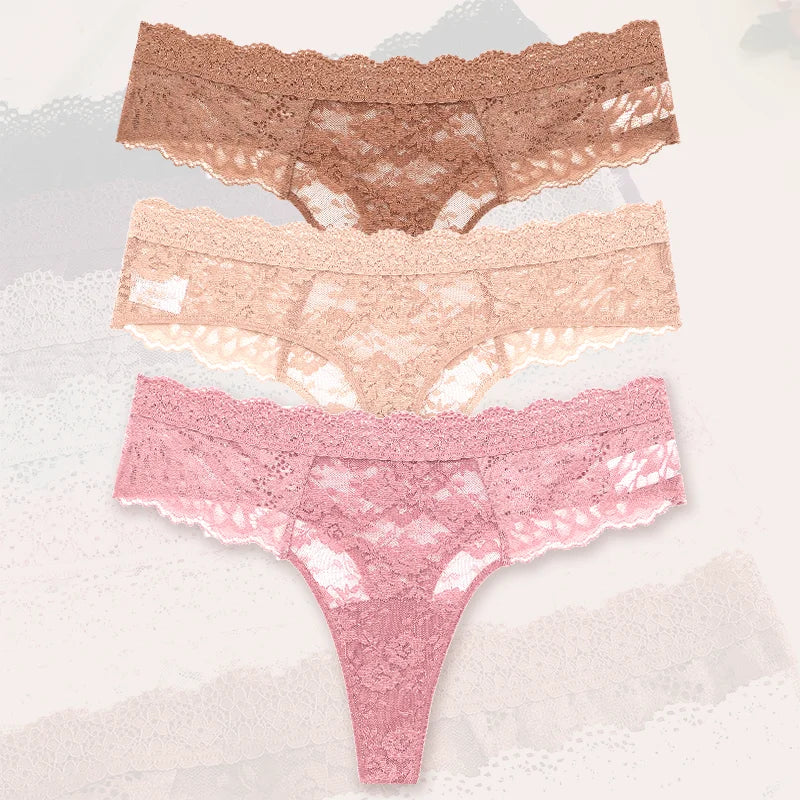 3-Pack Floral Lace Thongs – Soft Low-Rise Seamless Panties