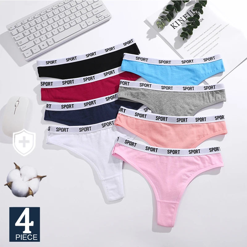 FINETOO 4PCS/Set Women Sexy Cotton Thongs For Women Sport Brand String Underwear Female Soft Coton Tangas Woman Thong Tanga
