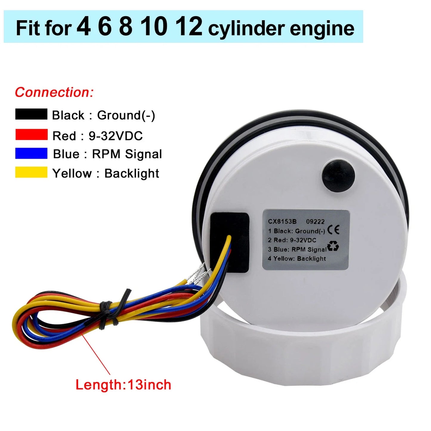 85mm Marine Tachometer With 7 Colors Backlight Hourmeter For Boat Yacht RV Camper 9-32V