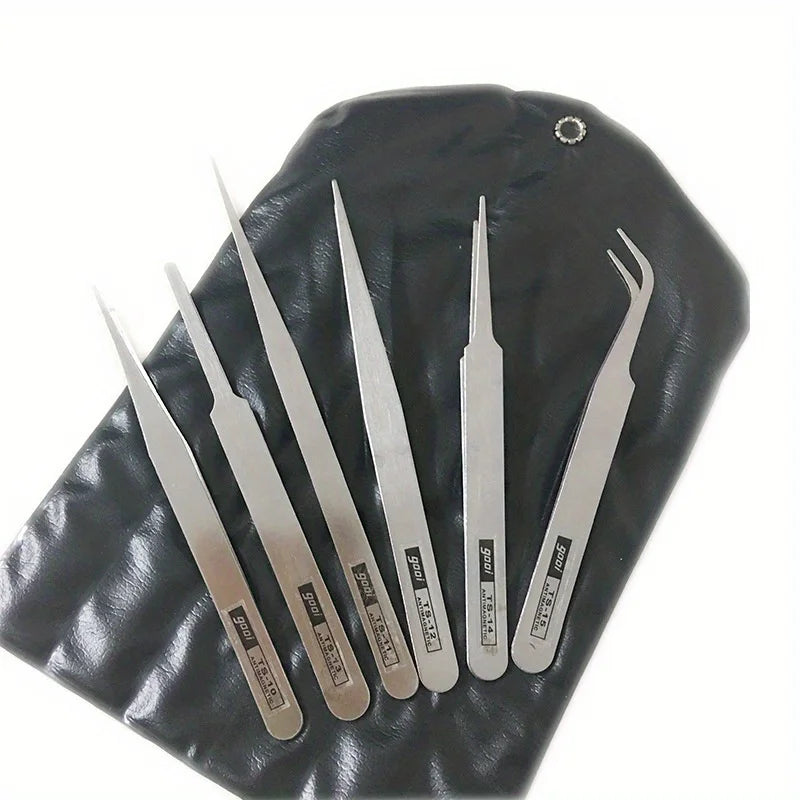 6Pcs/Set Stainless Steel Tweezers: Industrial Precision Repair Tool with Bent&Straight Tips, Ideal for Professional Repairs&DIY