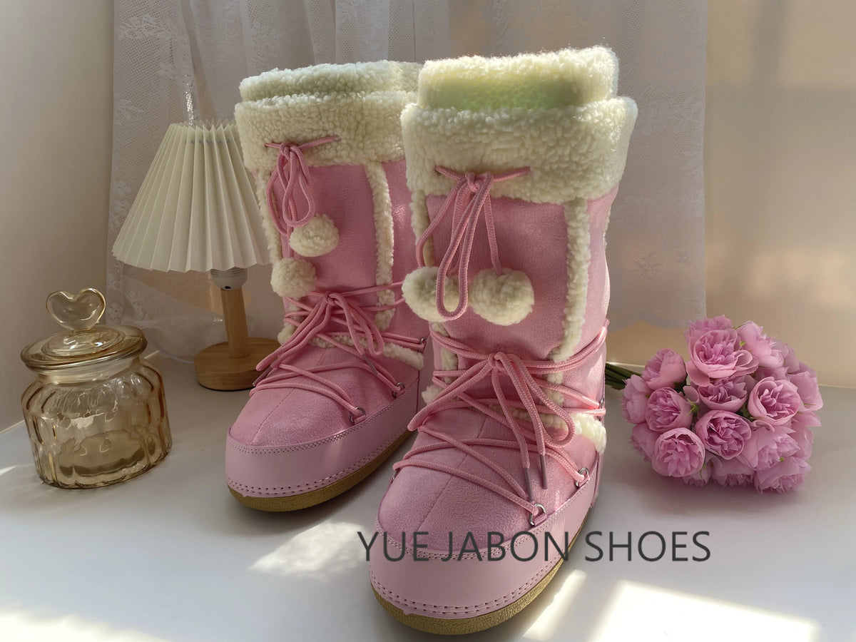 Women's Pink Plush Lace-Up Snow Boots, Platform