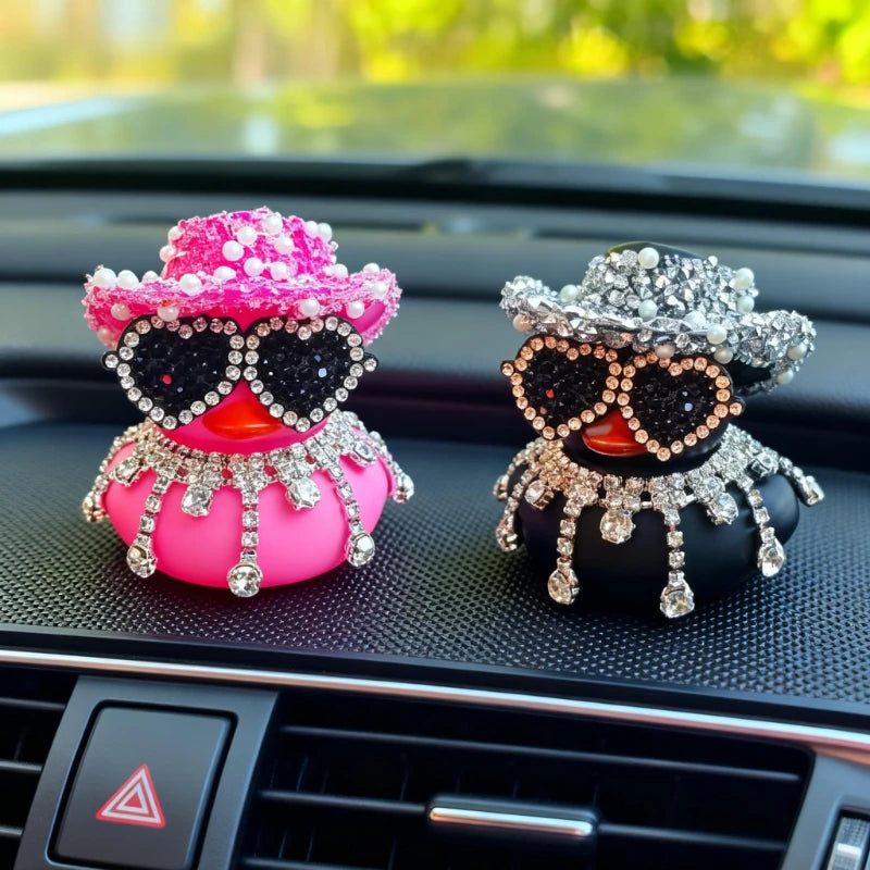 Bling Bing Pink Black Diamond Rubber Duck Car Ornaments Dashboard Decorations Luxury Car Decor Accessories for Ladies Men Women