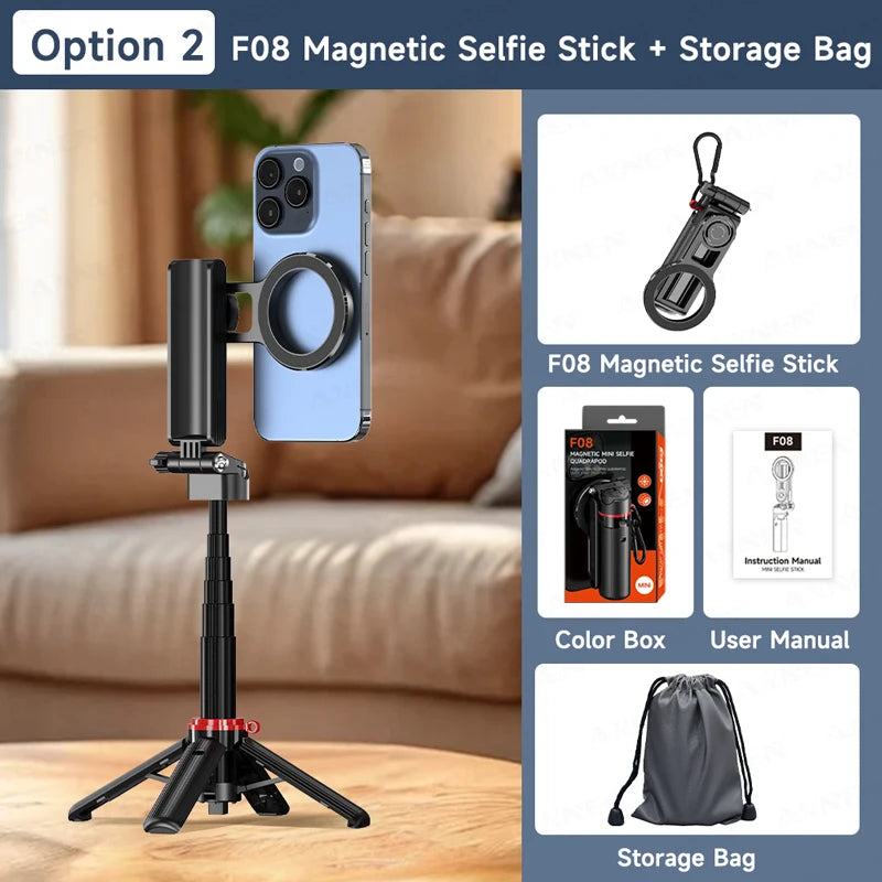 Mini Magnetic Selfie Stick Tripod Removable Remote Control Quadrapod Holder 360° Rotation for iPhone 16 15 14 13 12 Vlog Live