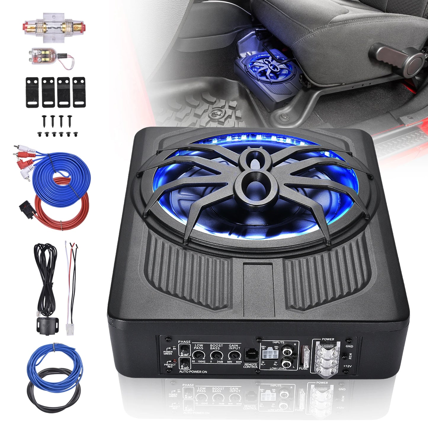 10 Inch Under Seat Subwoofer, Active Car Subwoofer, Compact Under Seat Sub 12V with Blue LED Ambient Light for Trucks, Vehicles with Limited Space