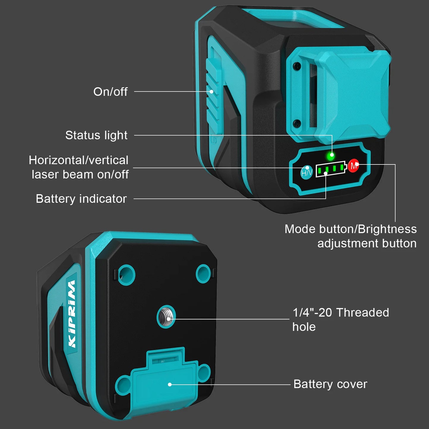 Kiprim Laser Level 2/5 Lines 360° – Automatic Self-Leveling Green Light Cross Laser for Construction