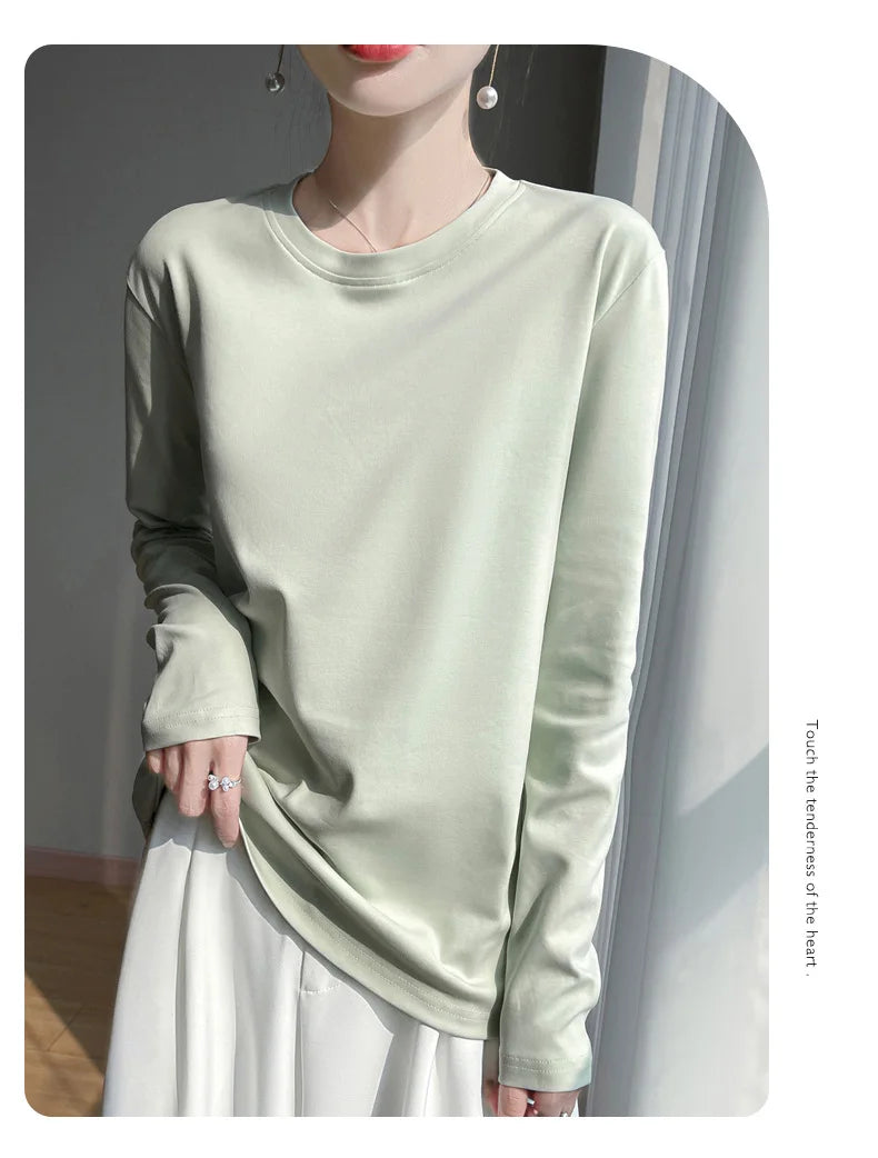 Spring And Summer New Mercerized Cotton Long Sleeve T-shirt Women's Round Neck Loose 100% Cotton Bottoming T-shirt