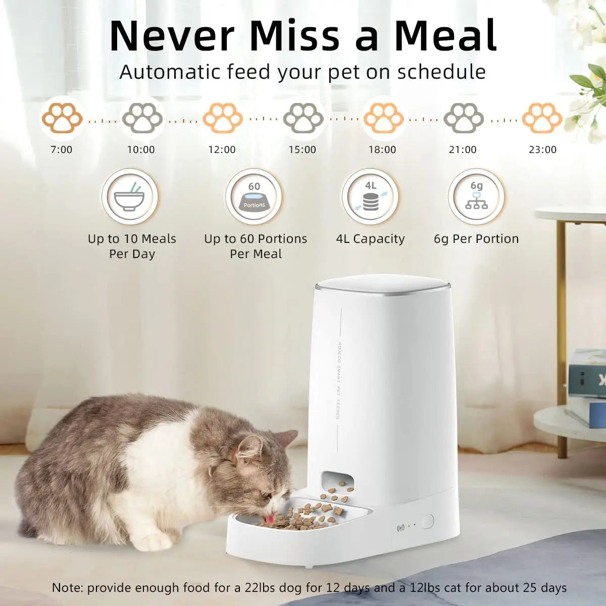 ROJECO Smart WiFi Automatic Cat Feeder – 4L Remote Control Kibble Dispenser for Cats & Dogs | Single & Dual Bowl