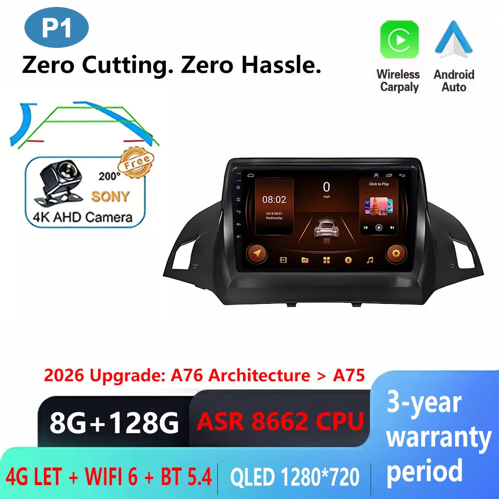 Android Car Stereo for Ford C-MAX, Kuga 2 & Escape 3 (2012–2019) — Wireless CarPlay, Android Auto, GPS, WiFi