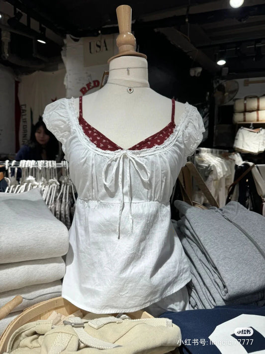 Women's White Lace Square Neck Short Sleeve Tee - Bow Tie-Up Y2K Casual Top - photo 6