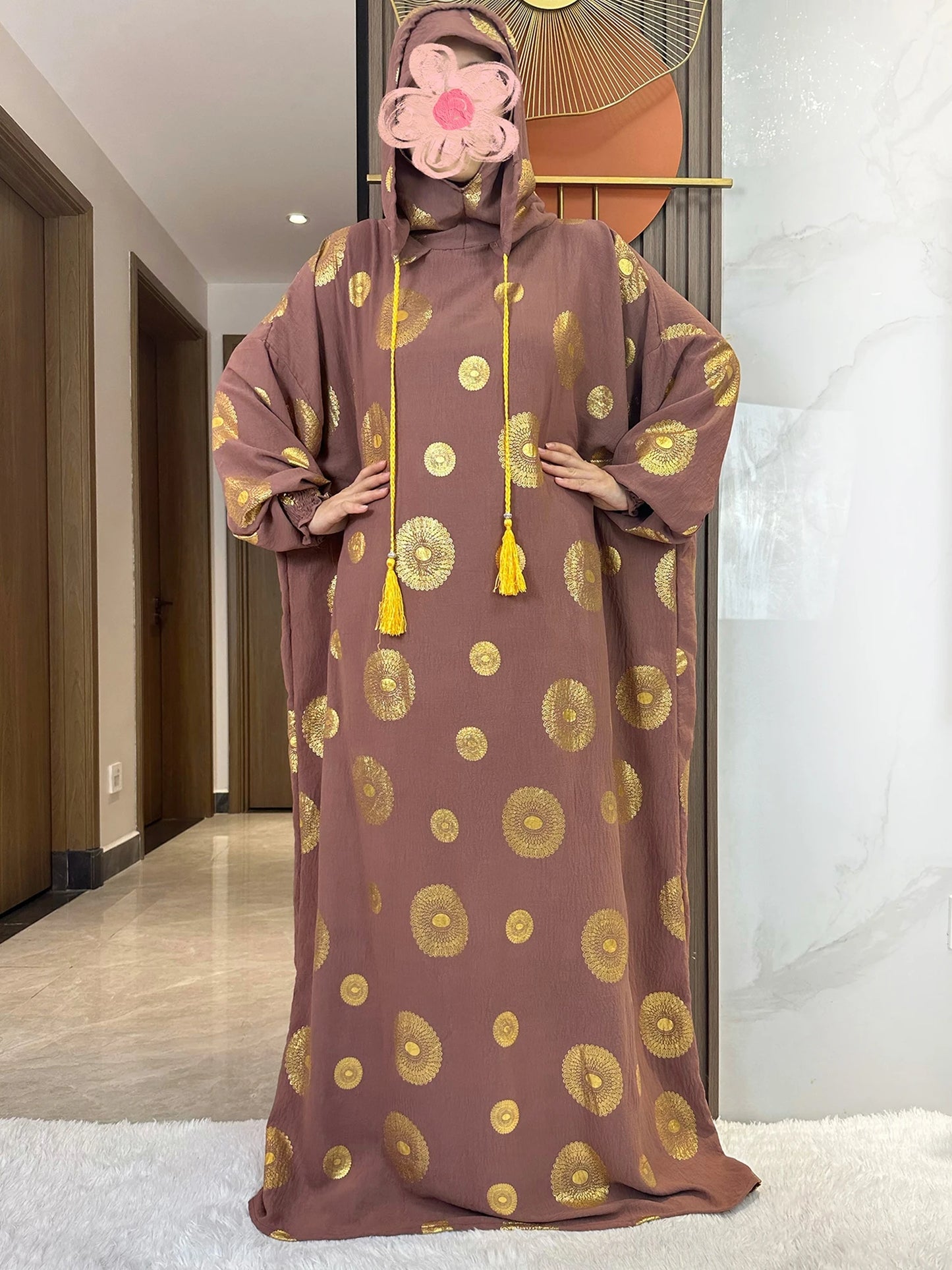Women's Cotton Embroidered Abaya Kaftan – Gold Dust Shimmer, Loose Fit, All-Season Muslim Dress