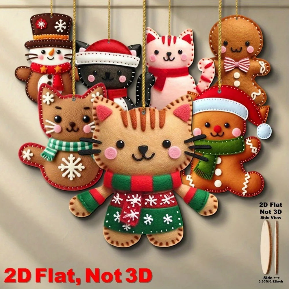 2D Flat Gingerbread Cat Tree Toppers Artificial Wood Christmas Ornaments with Hanging Loop Xmas Tree Holiday Home Decor Supplies