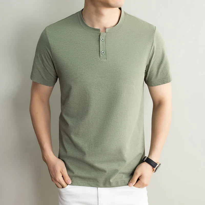 Men's Plain Henley Tee - Two-Button Placket, Soft Breathable Knit