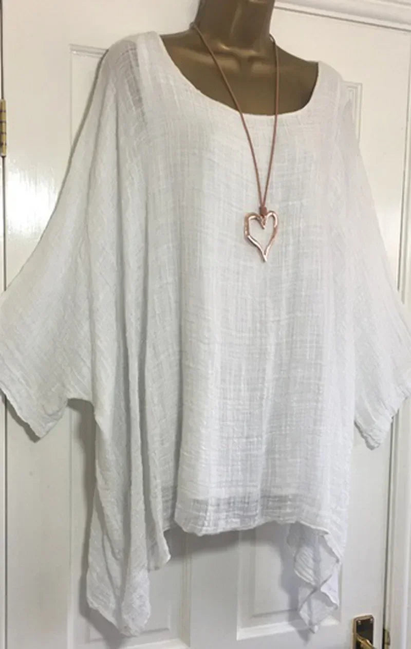 Women's Plus-Size Linen T-Shirt — Loose Batwing Long-Sleeve Top (to 5XL)