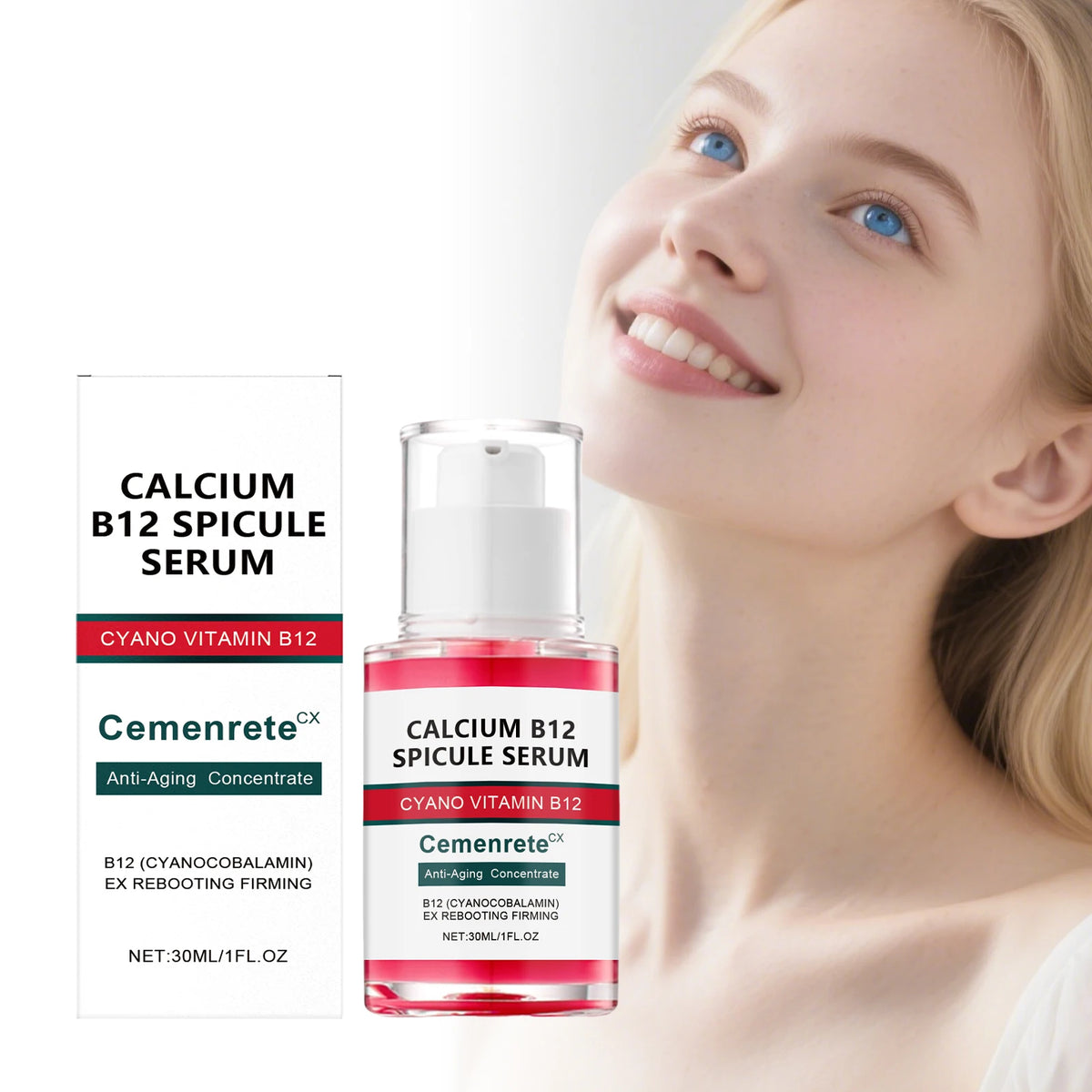 Calcium B12 pink spicule serum bottle and box