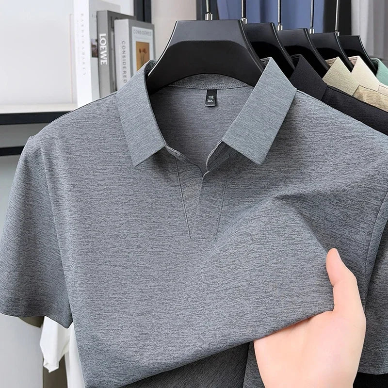 Men's Heather Knit Polo Tee - V-Open Lapel, Anti-Wrinkle Stretch