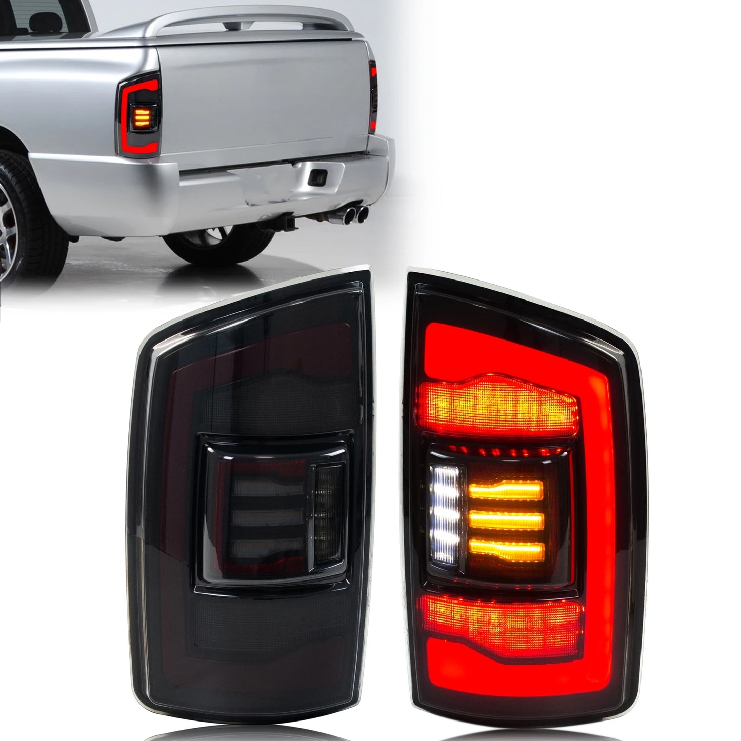 LED Tail Lights for Dodge Ram 1500 2500 3500 2002-2005 3rd Gen Sequential Yellow Turn Signal Black Rear Lamps Assembly