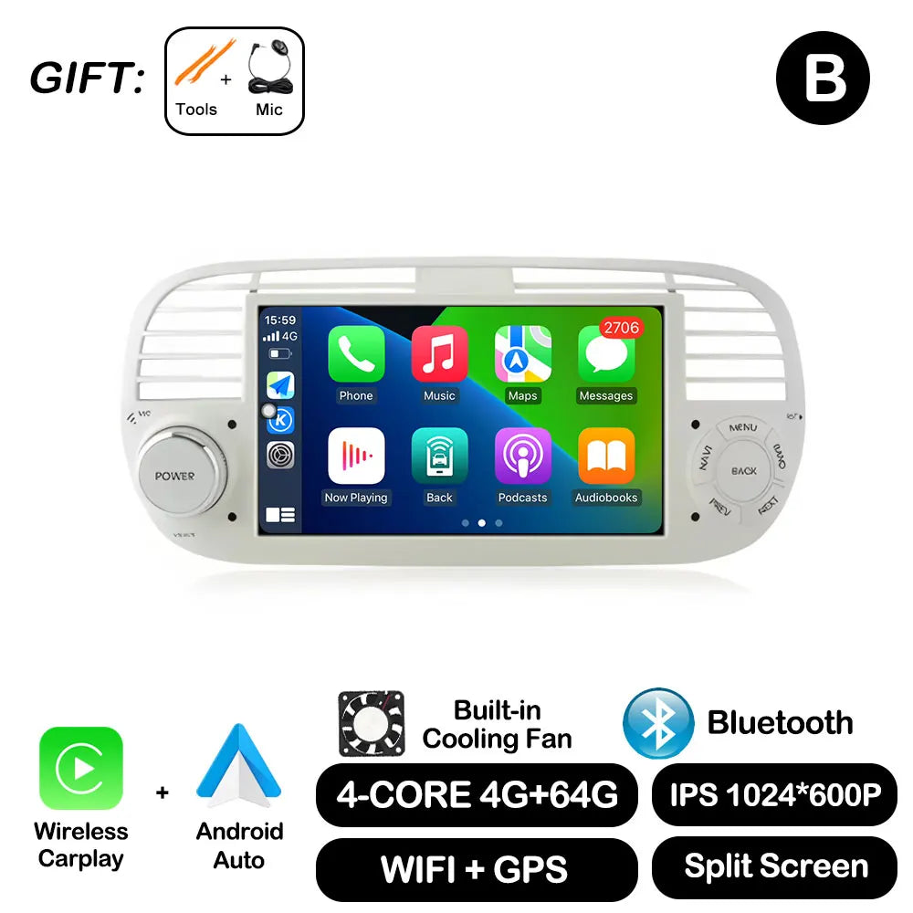 7" Car Stereo with Apple CarPlay & Android Auto, Compatible with Fiat 500 (2007-2015)