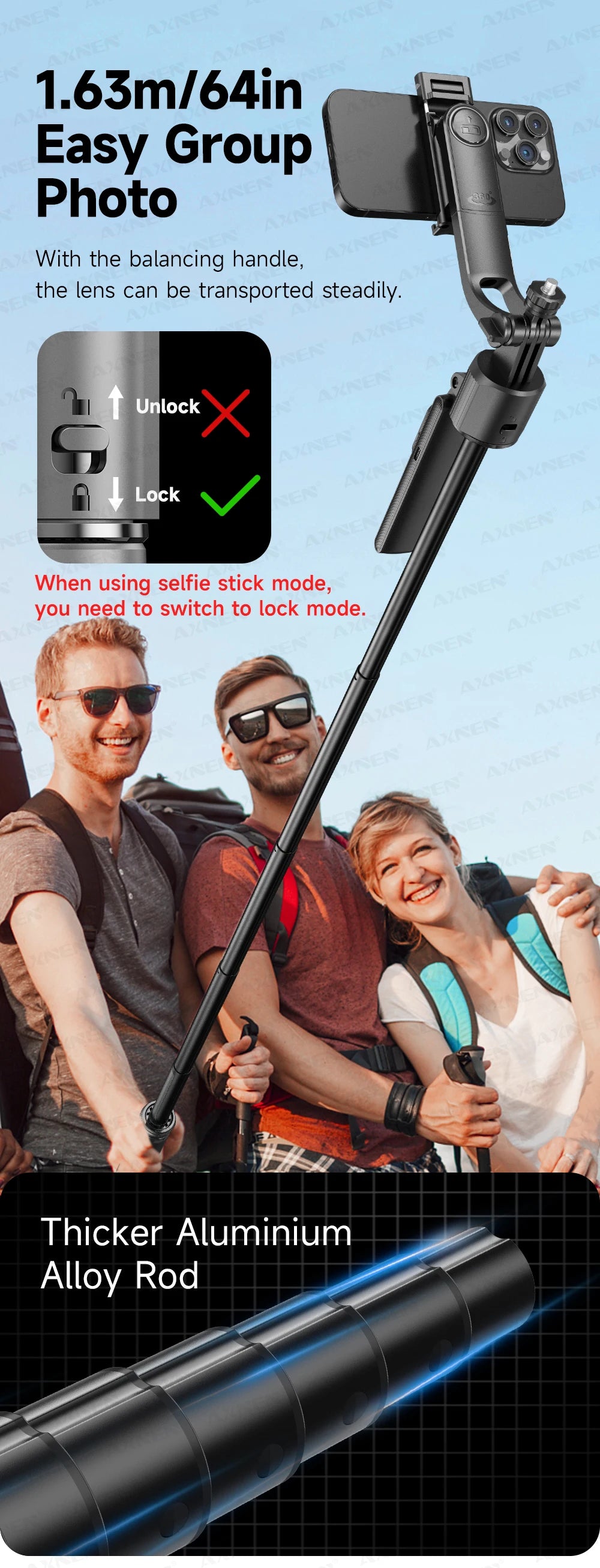 AXNEN C17 64" AI Face Tracking Selfie Stick Tripod – 360° Auto Rotation, Bluetooth Remote & Quadruped Stand