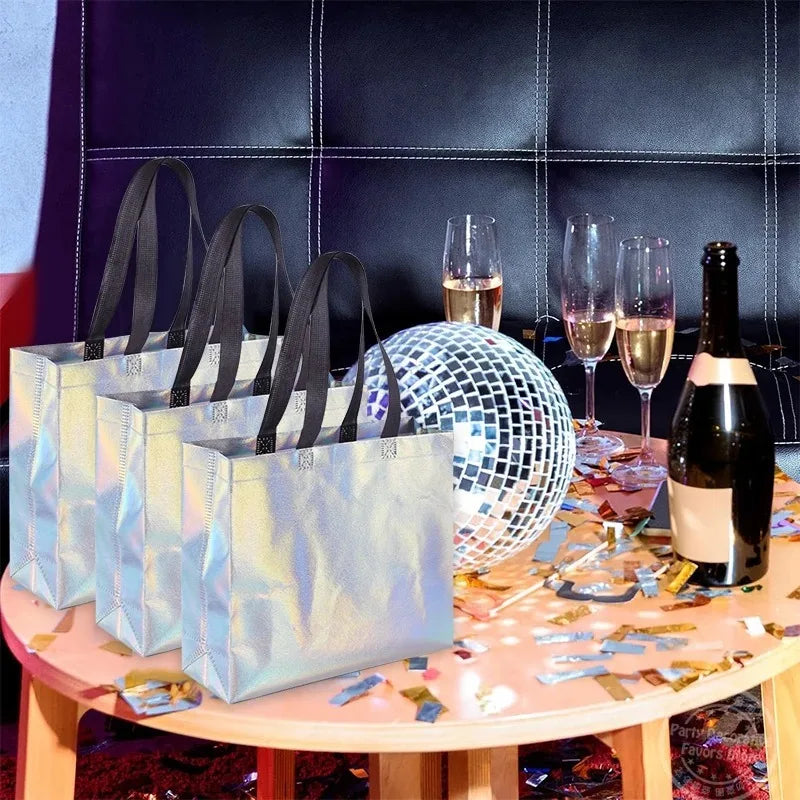 10Pcs Reusable Silver Laser Tote Bag Durable Non Woven Gift Shopping Bag for Wedding Bridesmaid Party Birthday Eco Friendly