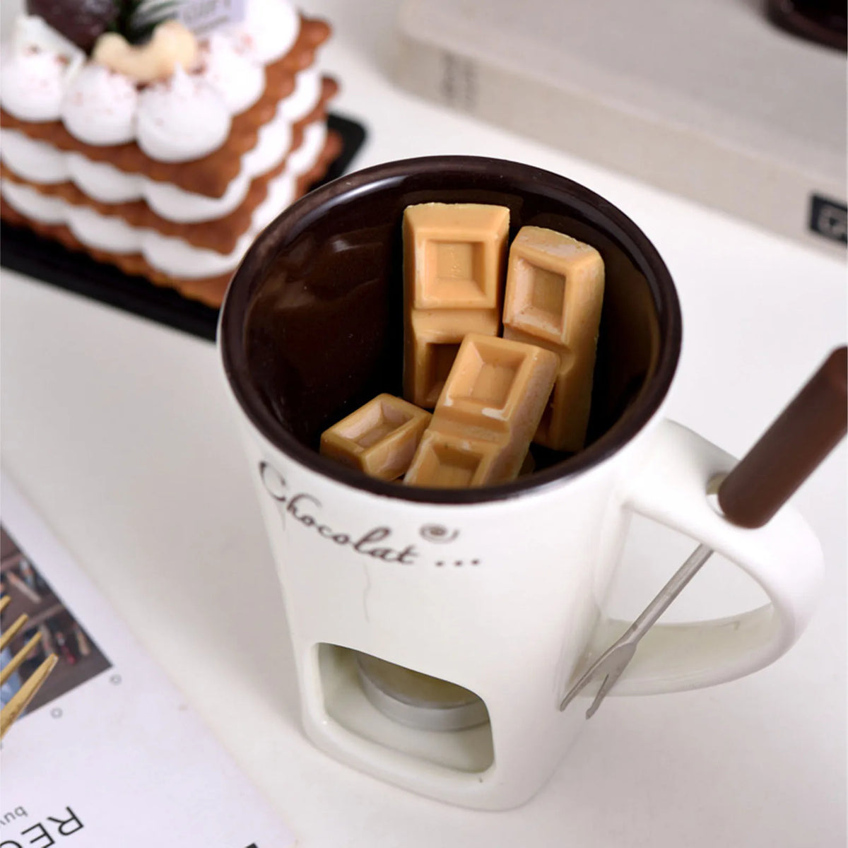 Ceramic Chocolate Melting Mug with Fork - Fondue and Butter Warmer Pot - photo 2