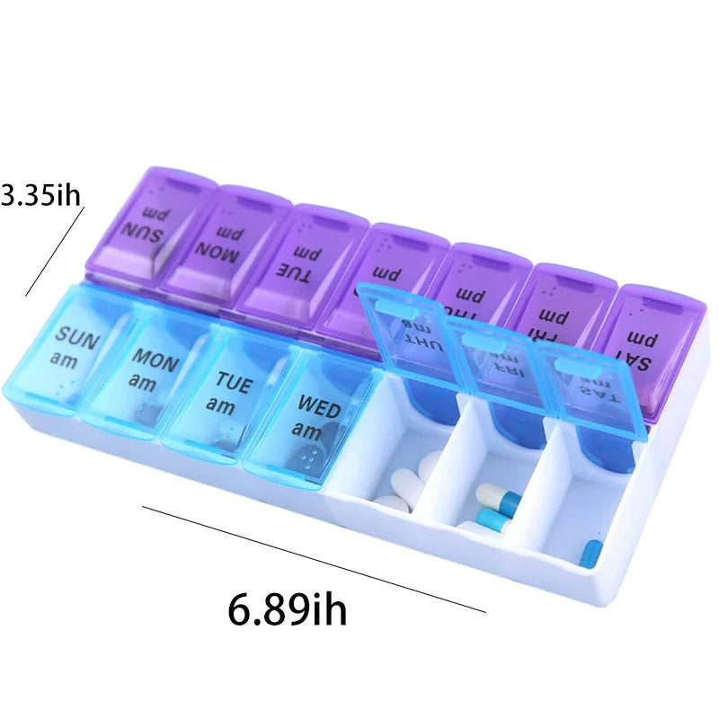 Portable 7-Day Pill Organizer, Compact 6.89x3.35 Inch, Double Row Design with Clear Lids, Ideal for Car, Vacation, Business Trip