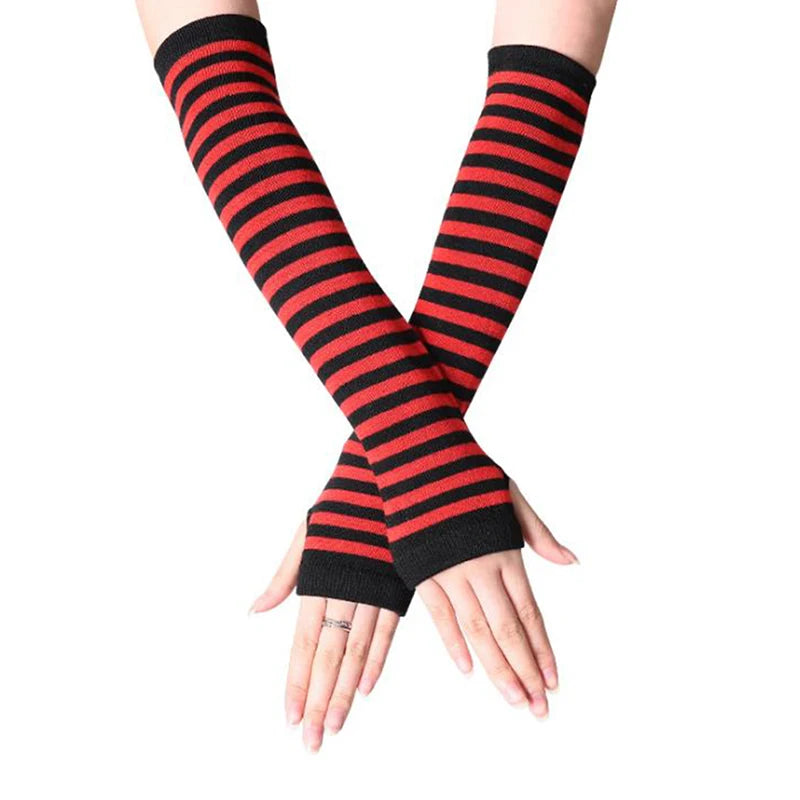 Women's Striped Knit Arm Warmers - Long Fingerless Gloves - photo 9
