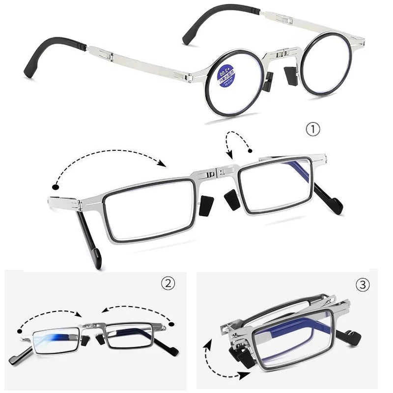 Portable Folding Reading Glasses with Case — Metal Frame, Blue Light Filter, Unisex