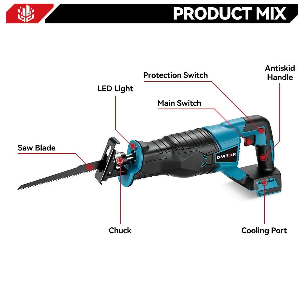 ONEVAN 3000W Cordless Reciprocating Saw Adjustable Speed Chainsaw Wood Metal Pipe Cutting Electric Saw For Makita Battery Pin