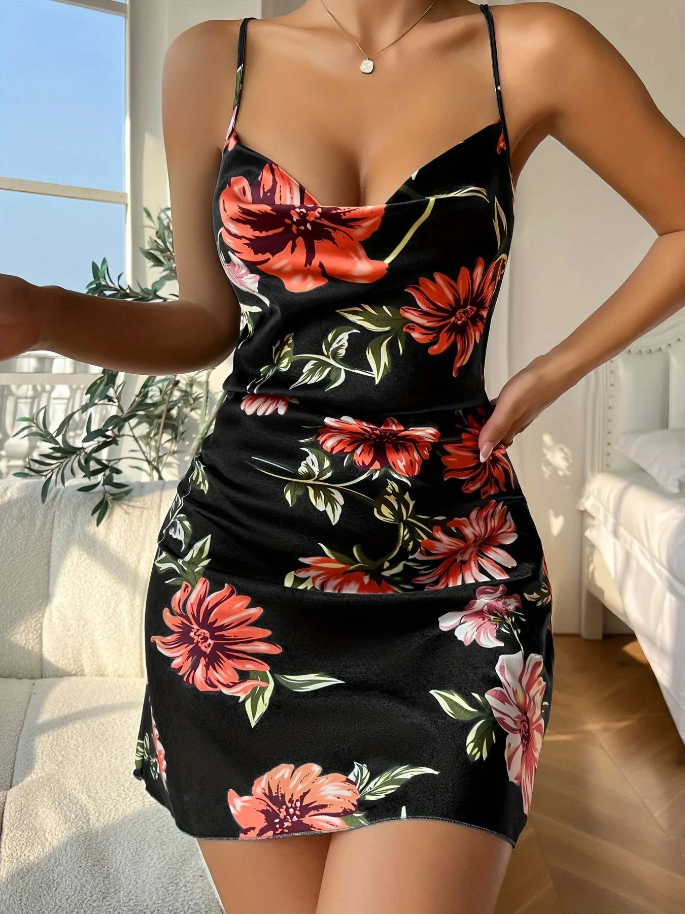 Women's Ice Silk Floral Print Slip Nightdress – Breathable Open Back Split Mid-Calf Pajama Dress | S–XL (9 Colors)