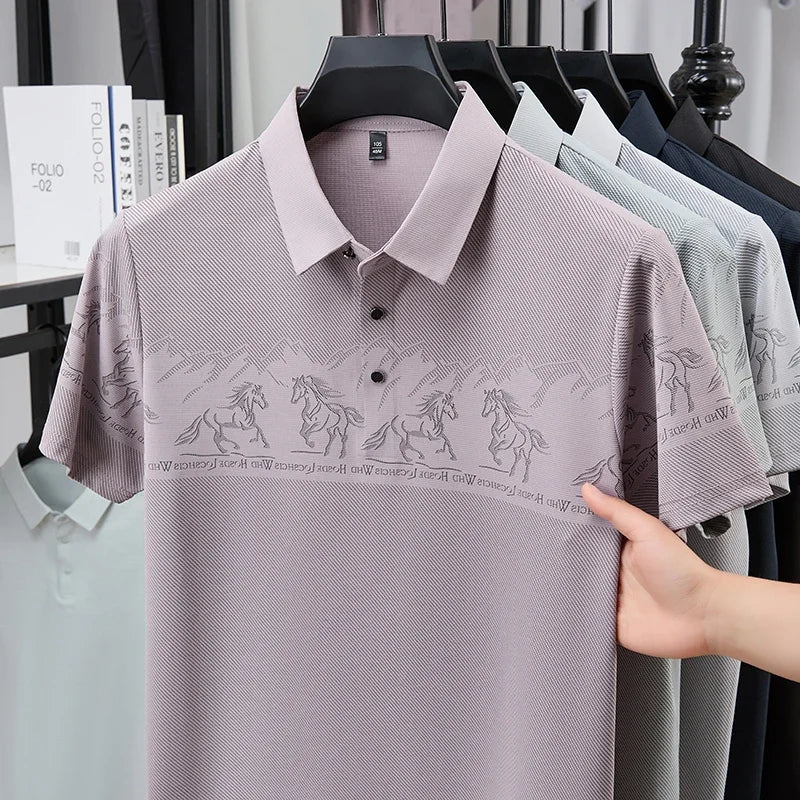 Men's Lapel Polo - Landscape Print, Sweat-Resistant Lightweight