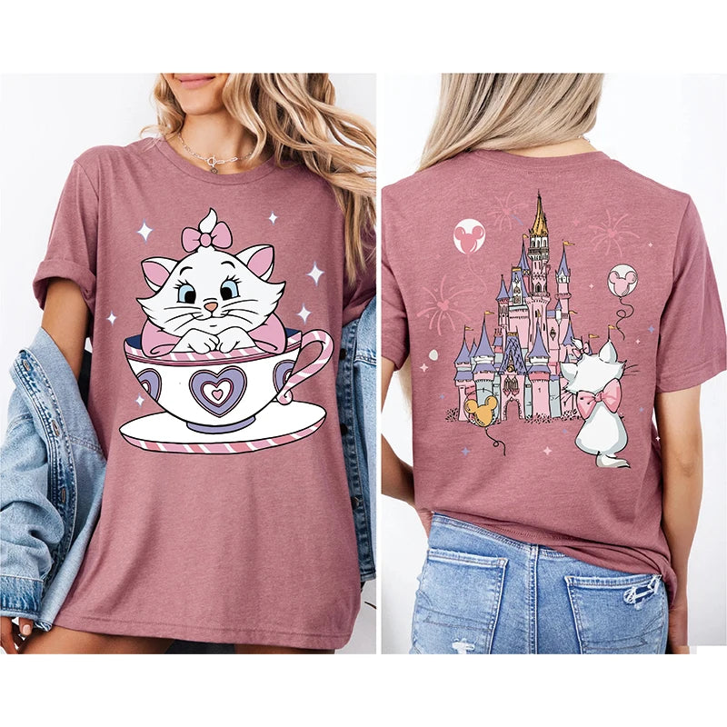 2026 Summer New The Aristocats Cartoon Anime Printed T-shirt Women's Fashion Casual T-shirt Mary Cat Crazy Teacup Party Shirt