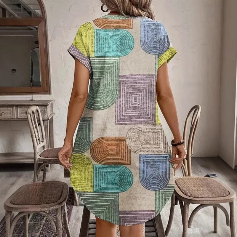2026 European and American women's clothing foreign trade Amazon summer geometric printing elegant V-neck button up dress