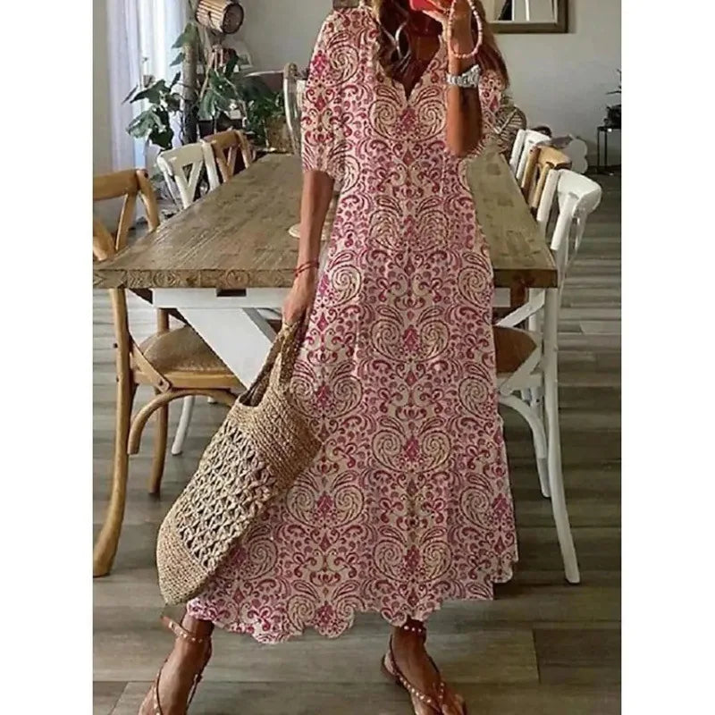 2026 Women Vintage Print Bohemian Dress Summer Fashion V Neck Half Sleeves Long Dresses Female Casual Holiday Beach Dresses