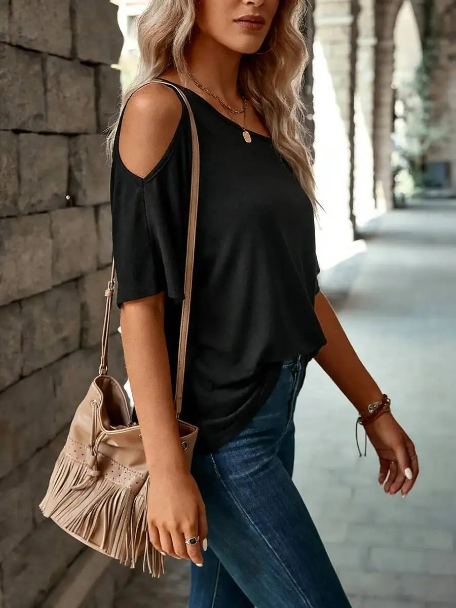 Women's Black Off Shoulder T-Shirt Asymmetrical Neck Batwing Short Sleeve Loose Fit Casual Spring Summer  Daily Commuting Top
