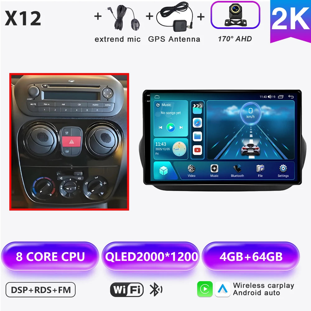 Car Stereo with Apple CarPlay & Android Auto, Compatible with Fiat Fiorino & Qubo, Citroen Nemo & Peugeot Bipper