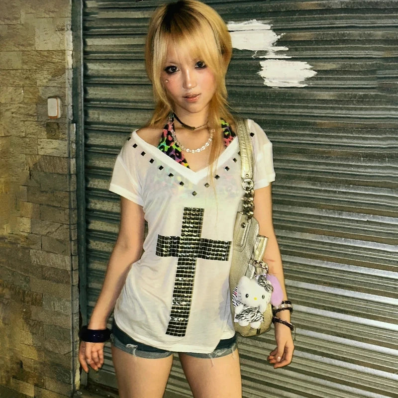 Women's Y2K Cross-Print Sheer Tee — V-Neck Vintage Harajuku Grunge Top