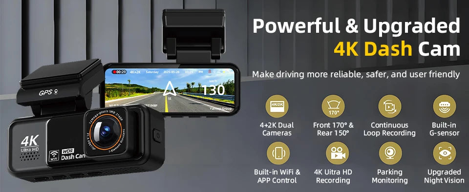 Acceo 4K Dashcam WIFI GPS CAR Video Recorder Dual Lens Support 2.5K Rear Camera Night Vision 24H Parking Monitoring Black Box