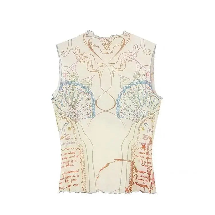 Kimotimo Y2k Mesh Print Tank Top Women Sleeveless Half High Collar Slim Fit Base Vest Harajuku Fashion Spicy Girl Camis Crop Top