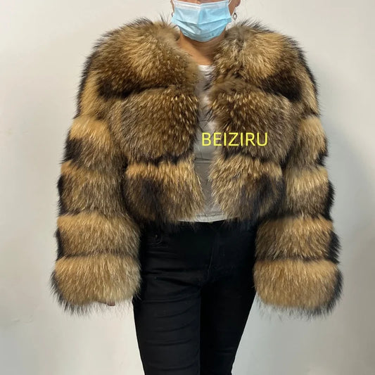 Women's Short Raccoon Fur Coat, Winter Jacket
