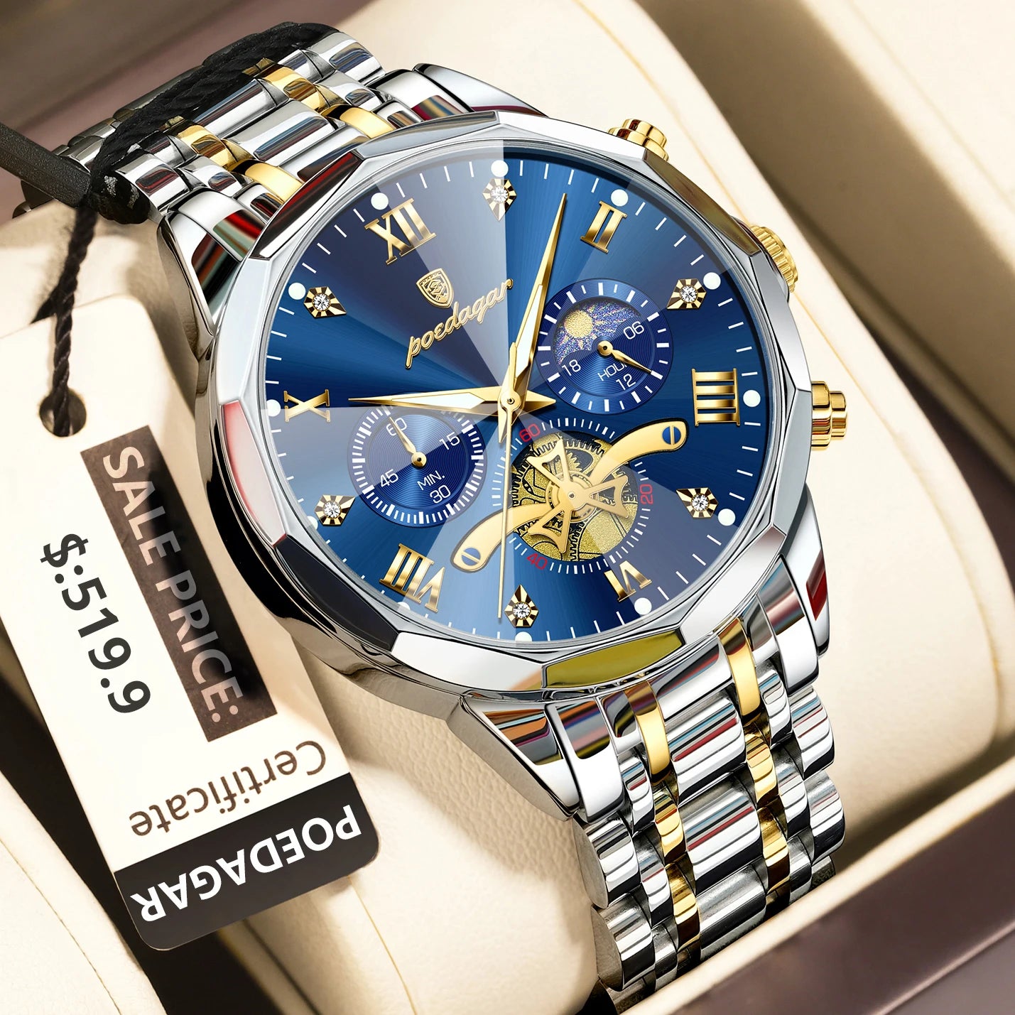 POEDAGAR Luxury Men's Quartz Watch – Waterproof Luminous Chronograph Stainless Steel Wristwatch (Model 938)