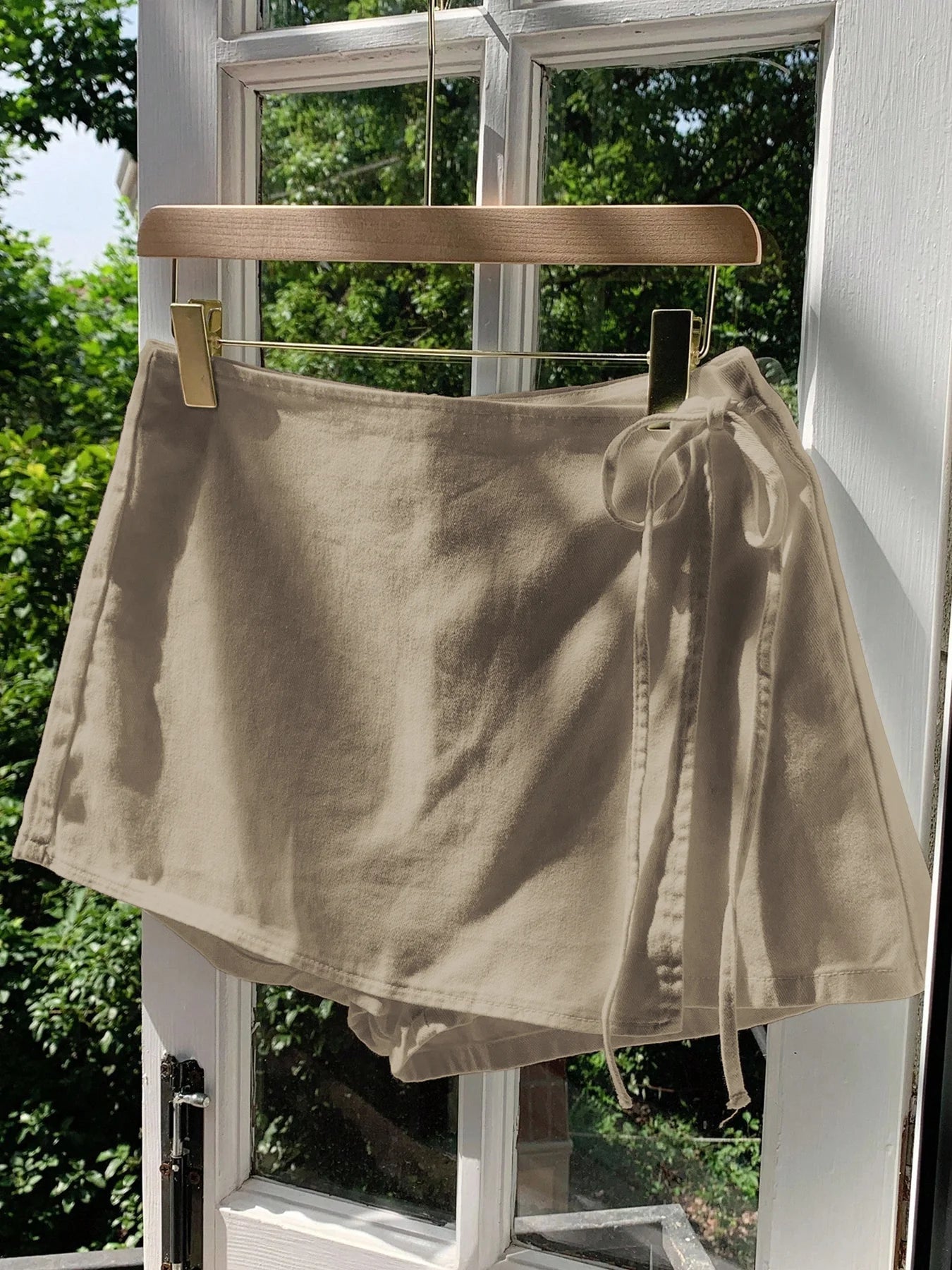 Ladies New Spring Summer Linen Solid Color Casual Sports Elastic Waist Drawstring Belted Skort for Spring Summer