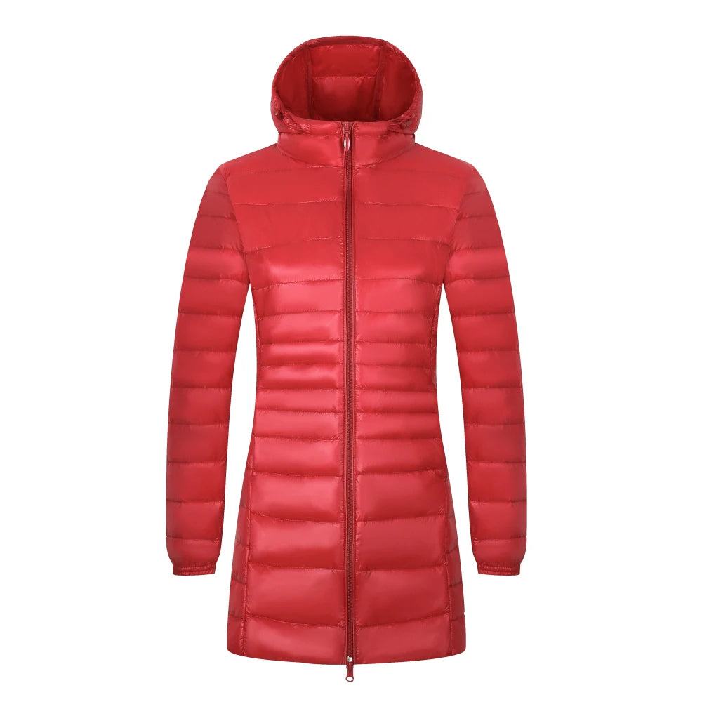 Women's Long Puffer Coat with Storage Bag - Light Hip-Length Jacket - photo 17
